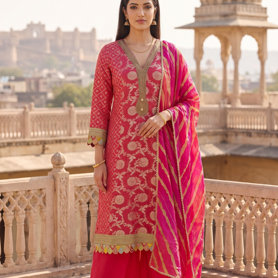Coral Utsav Loom Readymade Suit And Palazzo With Leheriya Dupatta - hero