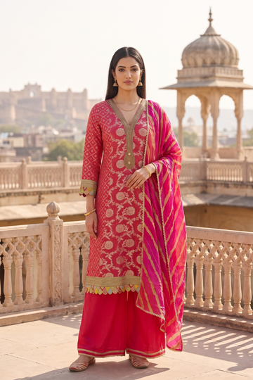 Coral Utsav Loom Readymade Suit And Palazzo With Leheriya Dupatta - hero