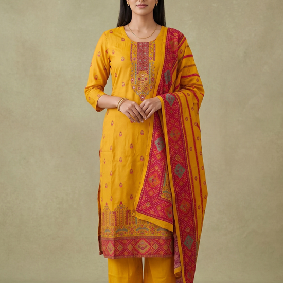 Saffron Bloom Mustard Crepe Readymade Suit And Pant With Crepe Dupatta - hero