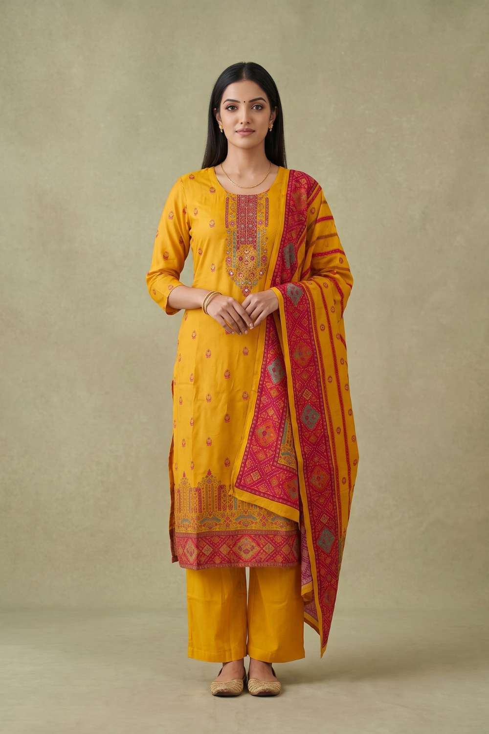 Saffron Bloom Mustard Crepe Readymade Suit And Pant With Crepe Dupatta - hero