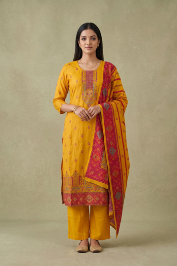 Saffron Bloom Mustard Crepe Readymade Suit And Pant With Crepe Dupatta - hero