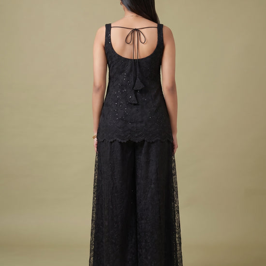 Noir Lace Black Net Readymade Suit And Palazzo With Net Dupatta - back