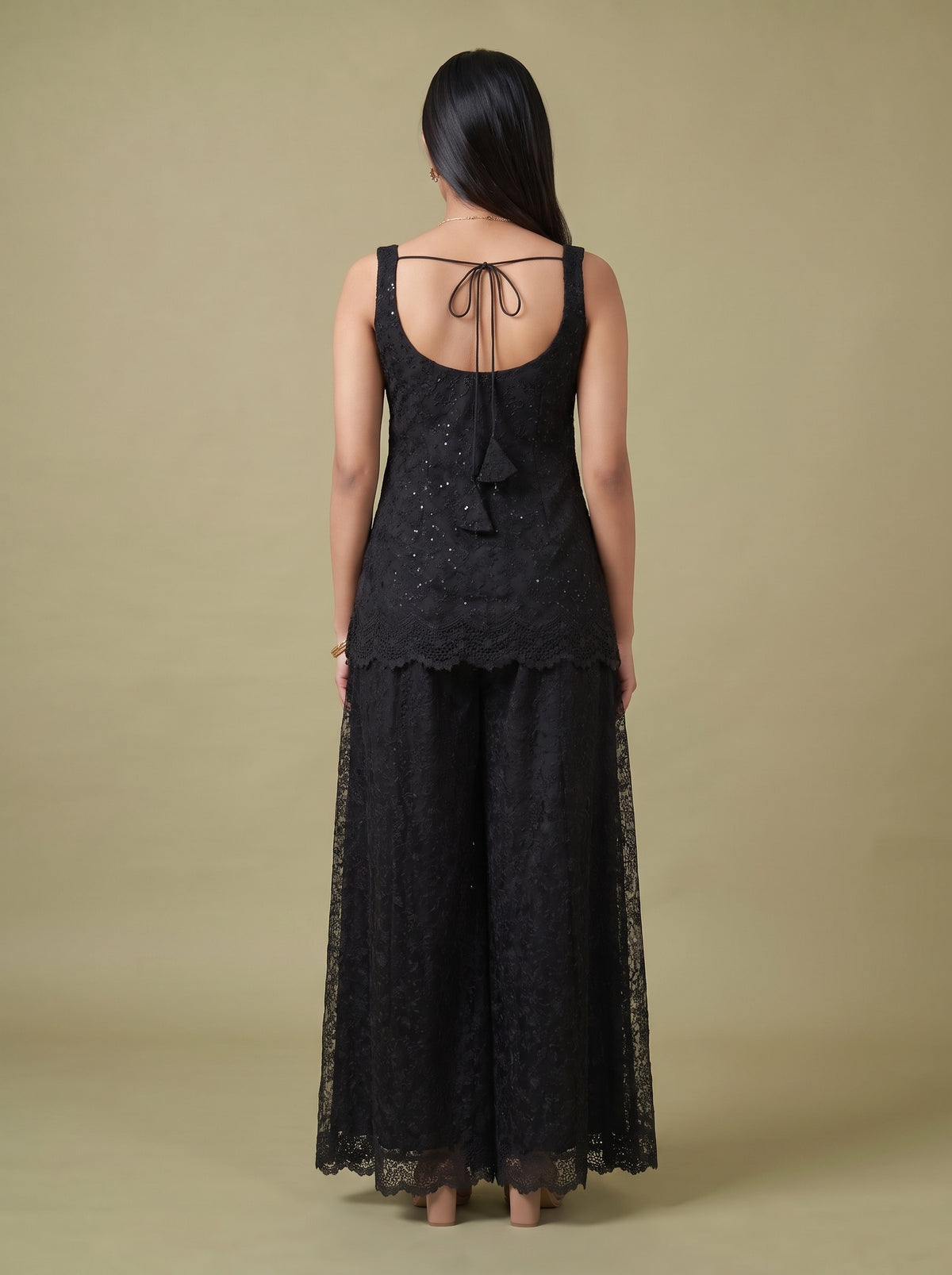 Noir Lace Black Net Readymade Suit And Palazzo With Net Dupatta - back