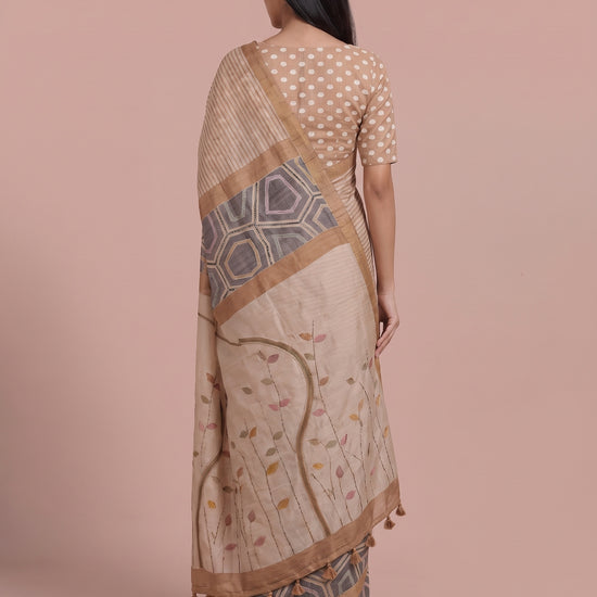 Tusser Off White Cotton Embroidered Saree - Back