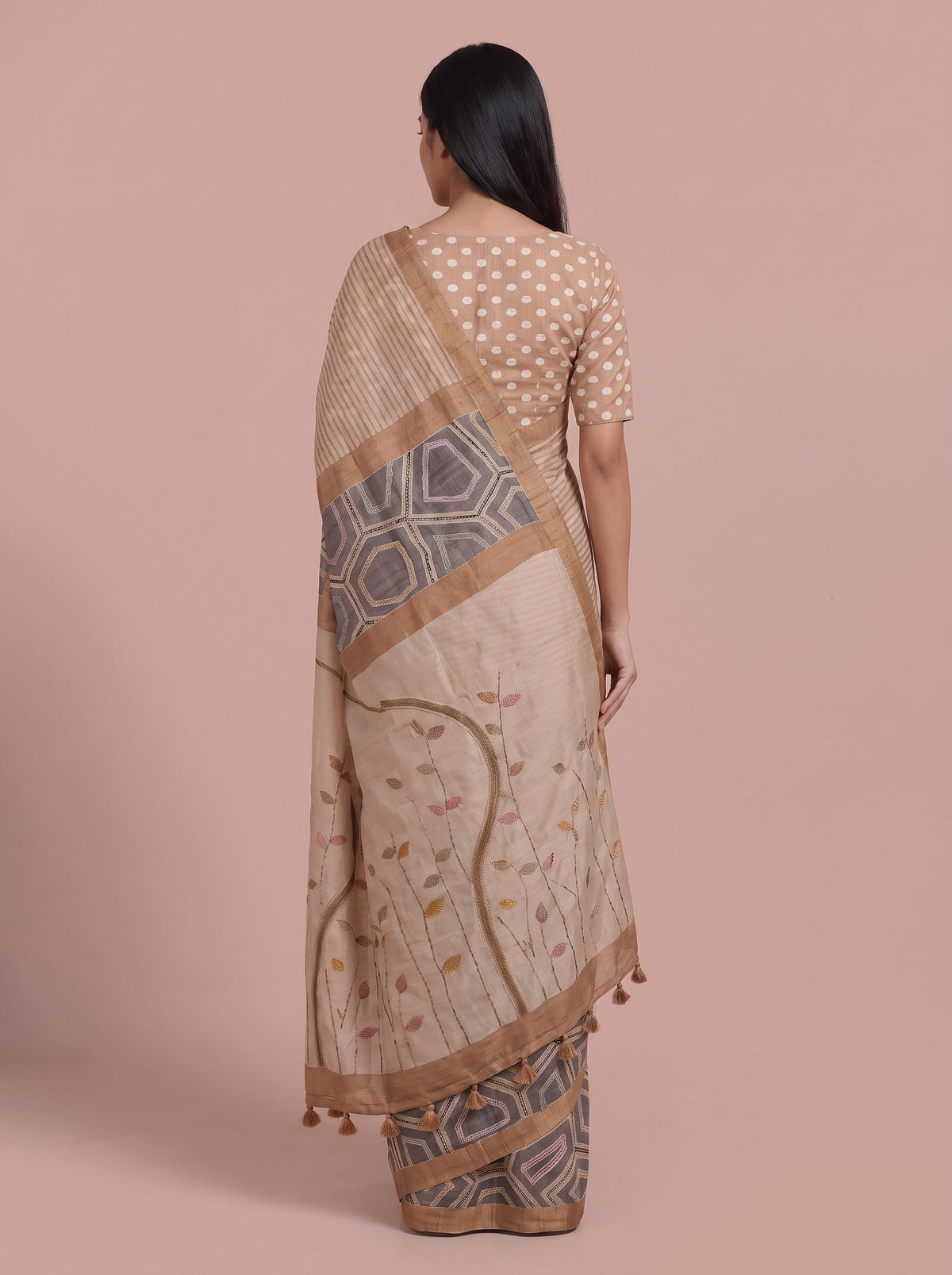 Tusser Off White Cotton Embroidered Saree - Back