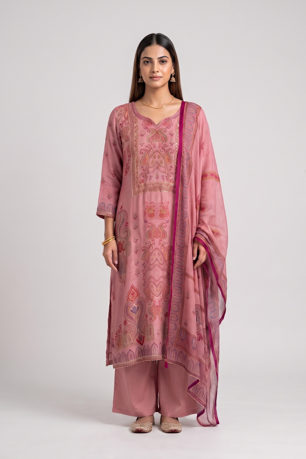 Rosewood Gajari Crepe Readymade Suit And Palazzo With Printed Dupatta - hero