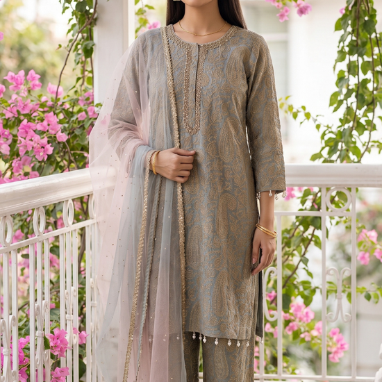 Misty Morning Sky Blue Georgette Readymade Suit And Pant With Georgette Dupatta - hero