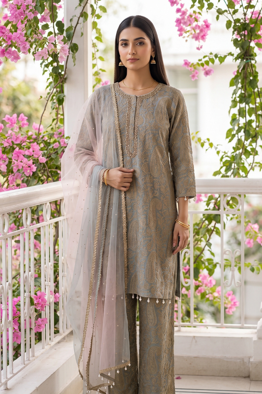 Misty Morning Sky Blue Georgette Readymade Suit And Pant With Georgette Dupatta - hero