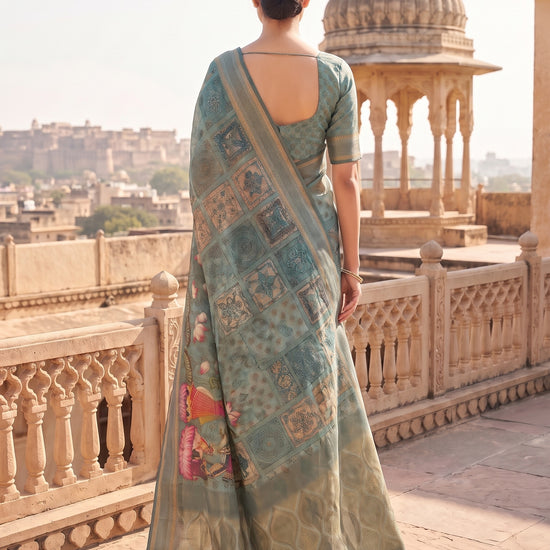 Mint Green Organza Floral Printed Saree - Back