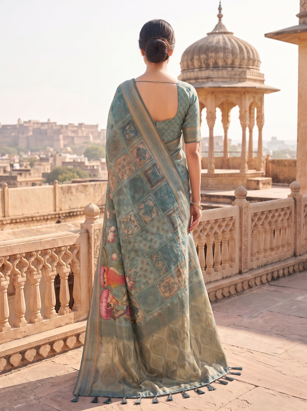 Mint Green Organza Floral Printed Saree - Back