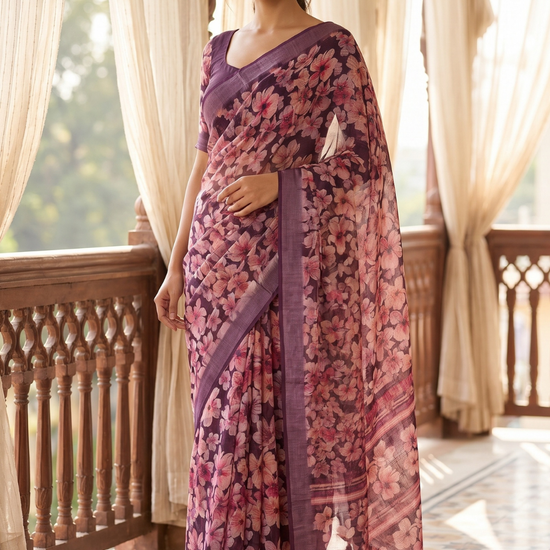 Garnet Cotton Floral Printed Saree - Hero
