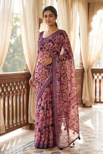 Garnet Cotton Floral Printed Saree - Hero