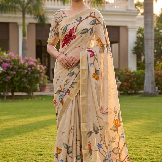 Tusser Chinon Floral Printed Saree - Hero