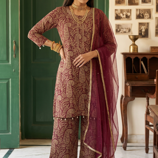 Spiced Paisley Dark Gajari Georgette Readymade Suit - hero