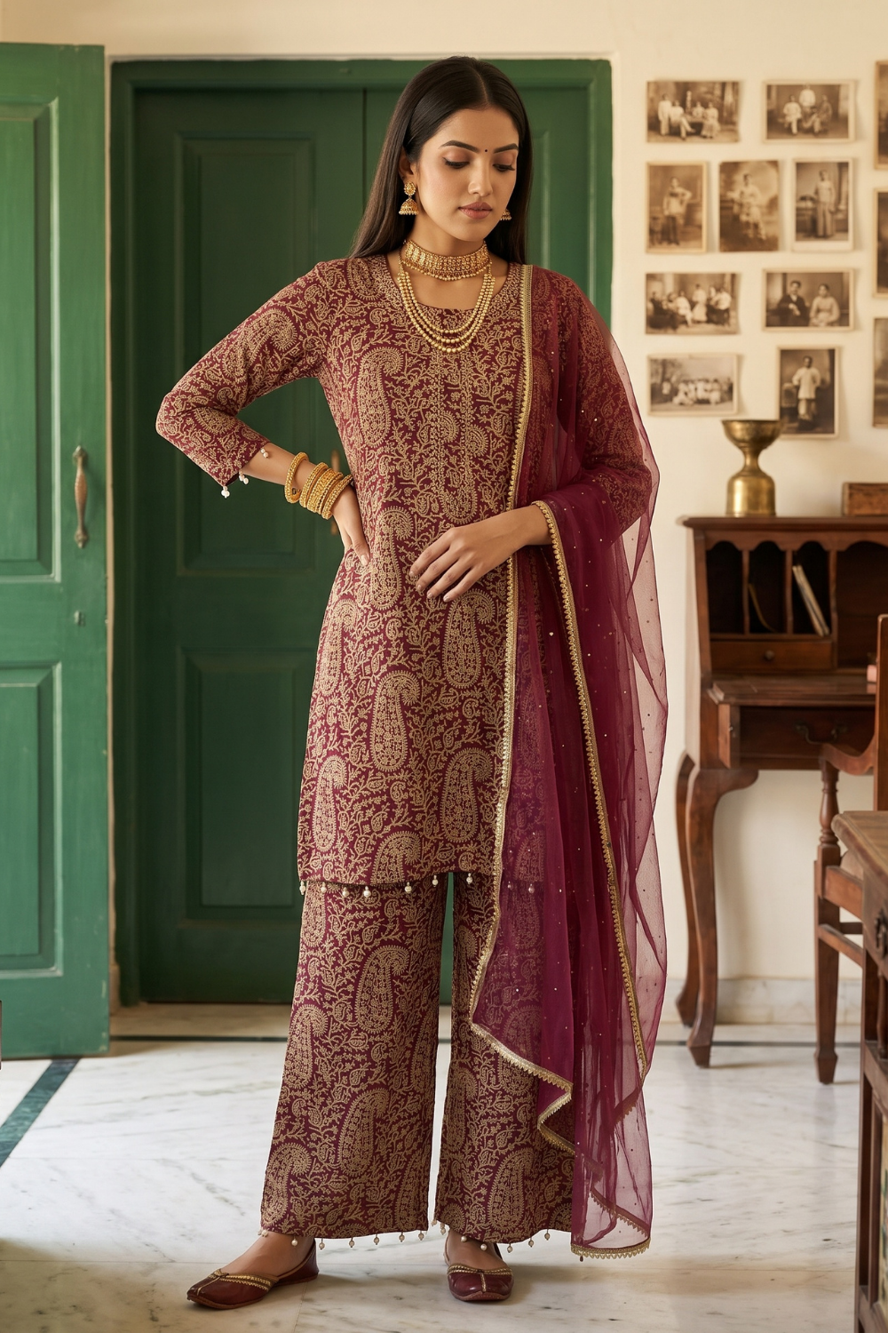 Spiced Paisley Dark Gajari Georgette Readymade Suit - hero