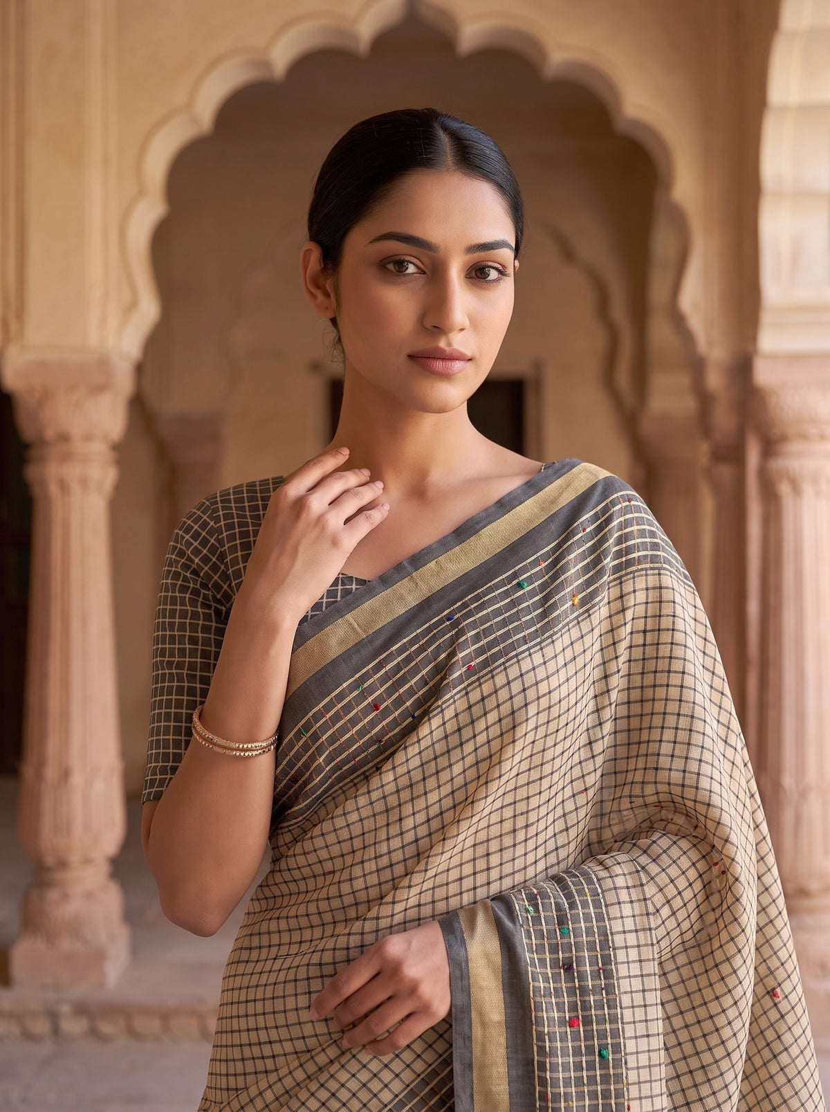 Tusser Cotton Embroidered Saree - Close Up