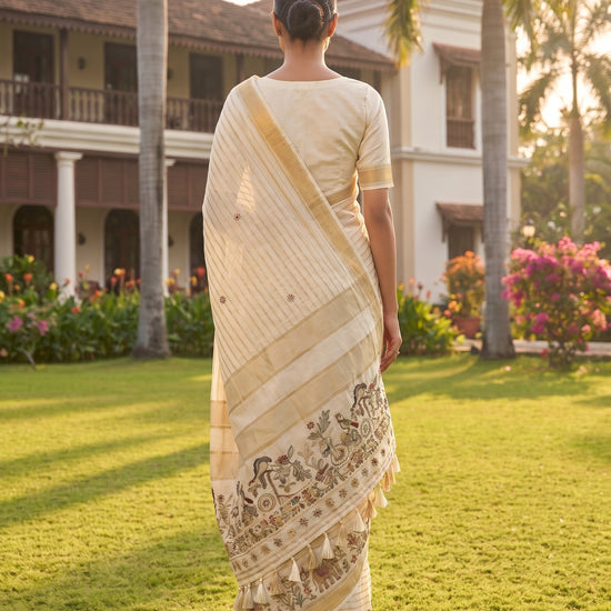 White Cotton Embroidered Saree - Back