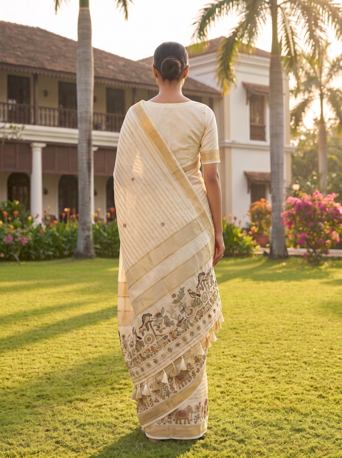 White Cotton Embroidered Saree - Back