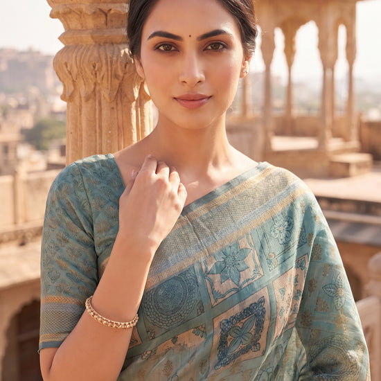 Mint Green Organza Floral Printed Saree - Close Up