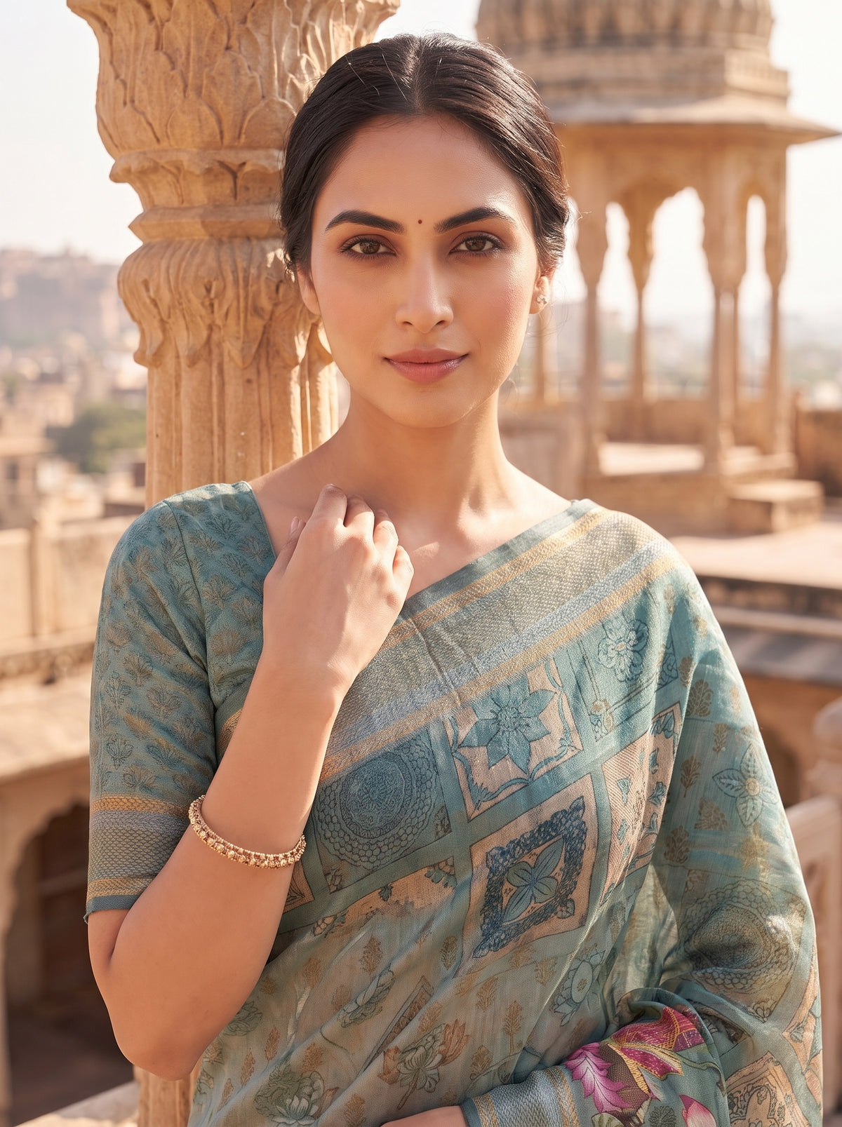 Mint Green Organza Floral Printed Saree - Close Up
