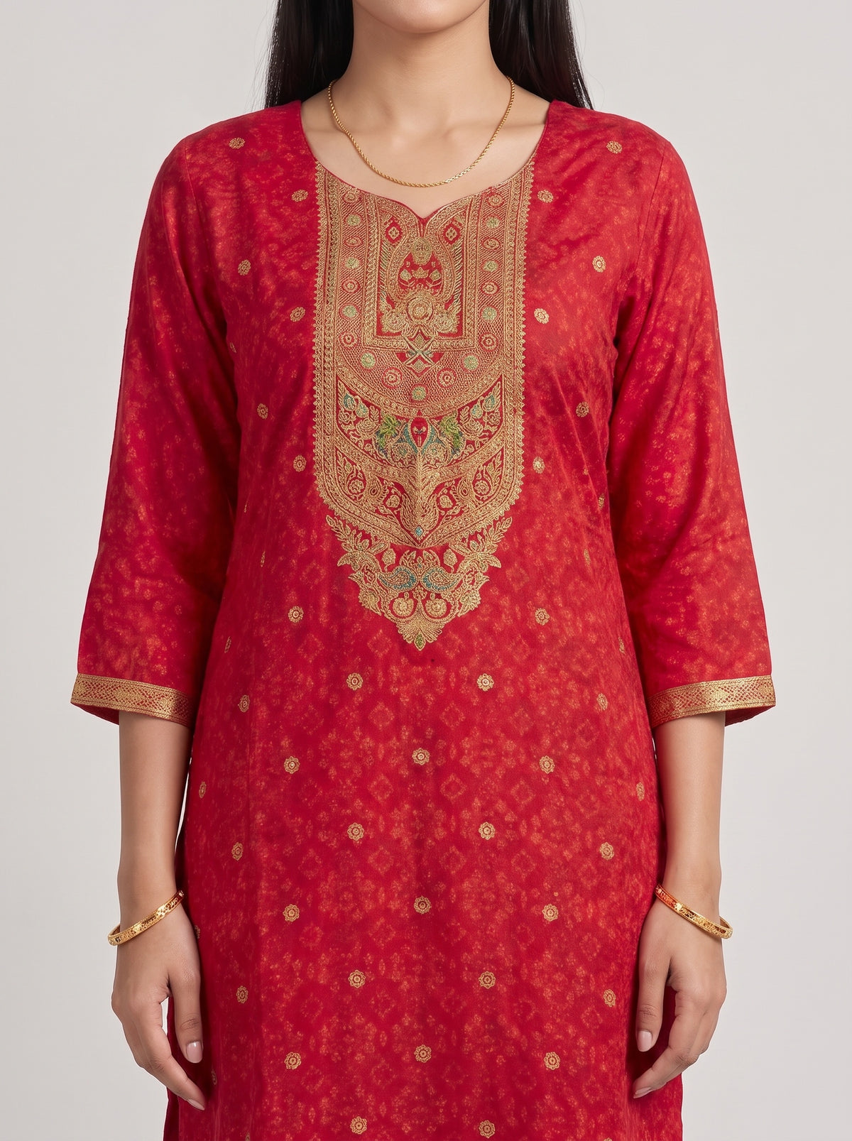 Laal Utsav Red Cotton Readymade Suit And Pant With Printed Dupatta - closeup