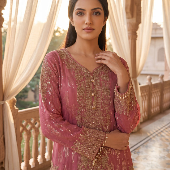 Blush Reverie Gajari Georgette Readymade Suit And Palazzo With Georgette Dupatta - closeup
