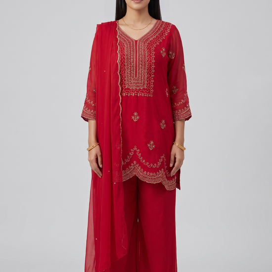 Scalloped Grace Maroon Cotton Readymade Suit And Palazzo With Dupatta - hero