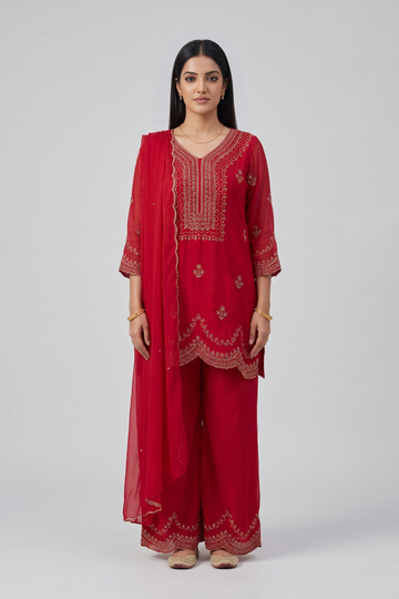 Scalloped Grace Maroon Cotton Readymade Suit And Palazzo With Dupatta - hero