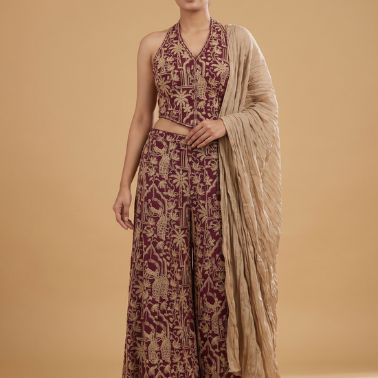 Velvet Dusk Garnet Georgette Readymade Halter Top And Palazzo Set With Crush Tissue Dupatta - hero