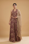 Velvet Dusk Garnet Georgette Readymade Halter Top And Palazzo Set With Crush Tissue Dupatta - hero