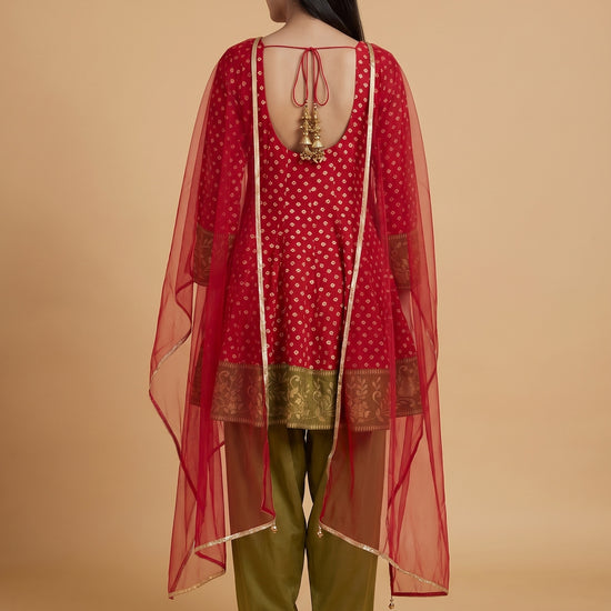 Mehfil Maroon Mehndi Chinon Readymade Peplum Suit And Salwar With Net Dupatta - back