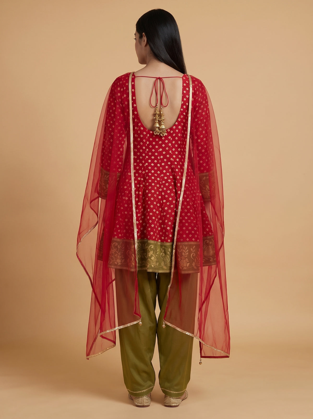 Mehfil Maroon Mehndi Chinon Readymade Peplum Suit And Salwar With Net Dupatta - back