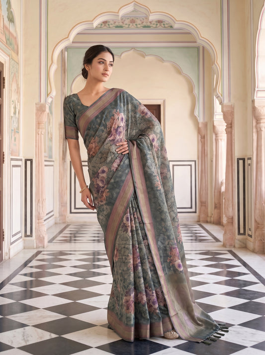 Mint Green Organza Floral Printed Saree - Mood
