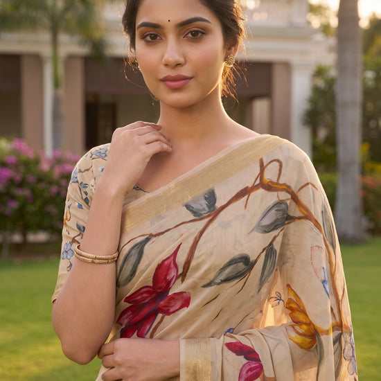 Tusser Chinon Floral Printed Saree - Close Up