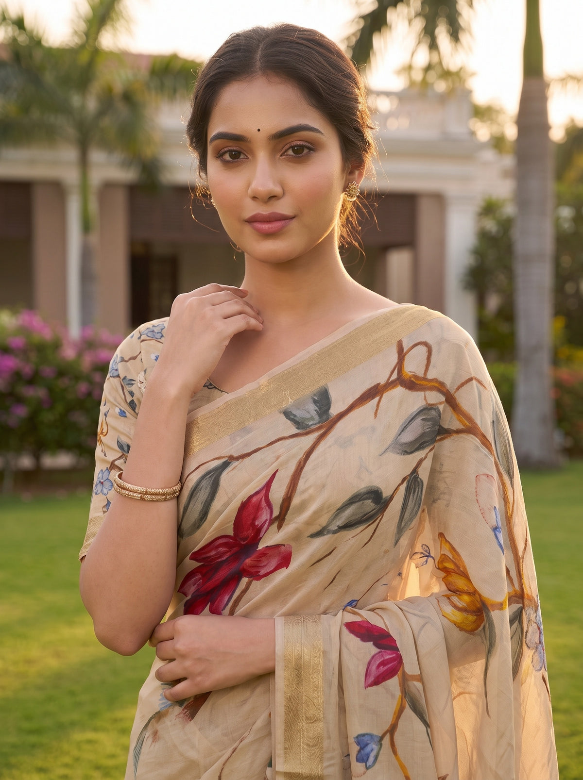 Tusser Chinon Floral Printed Saree - Close Up
