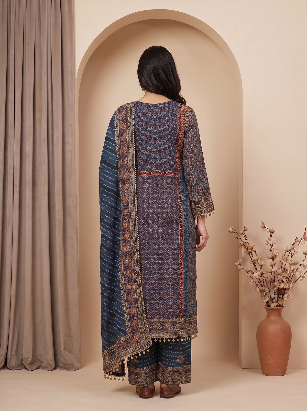 Indigo Muse Grey Crepe Readymade Printed Kurta And Palazzo With Dupatta - back