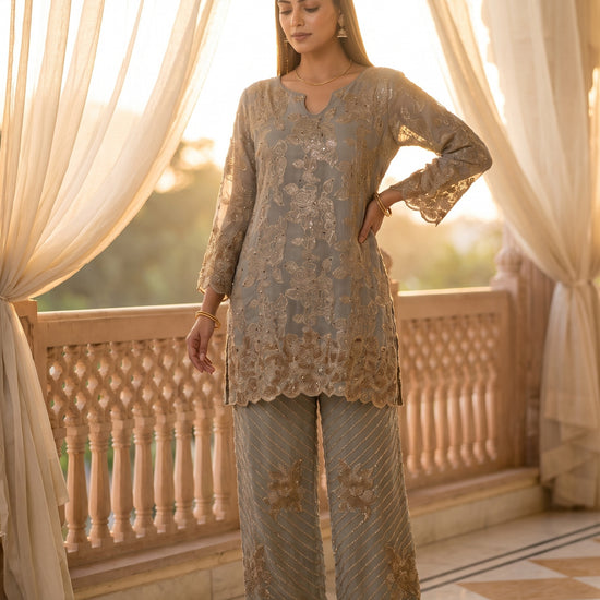 Sage Glow Olive Shimmer Readymade Kurta And Pant Set With Tissue Dupatta - mood