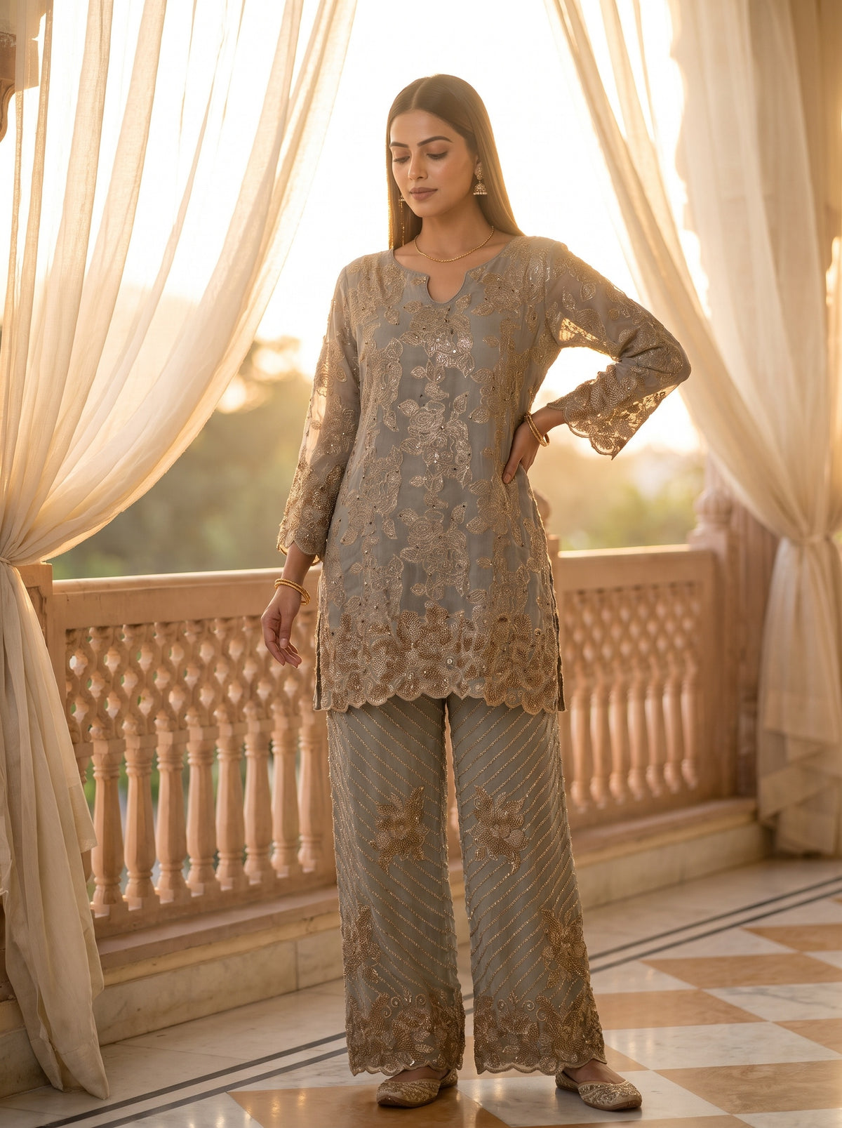 Sage Glow Olive Shimmer Readymade Kurta And Pant Set With Tissue Dupatta - mood