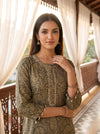 Quiet Luxe Grey Georgette Readymade Suit And Pant With Georgette Dupatta - closeup