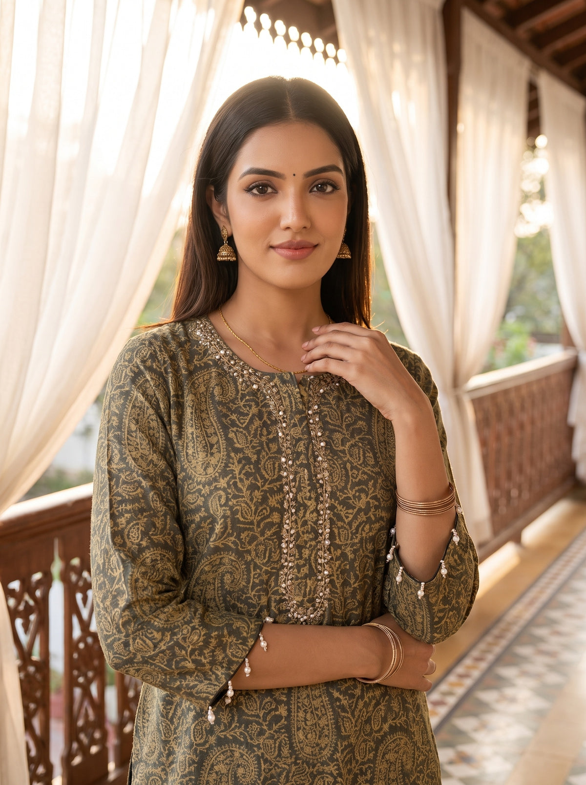 Quiet Luxe Grey Georgette Readymade Suit And Pant With Georgette Dupatta - closeup