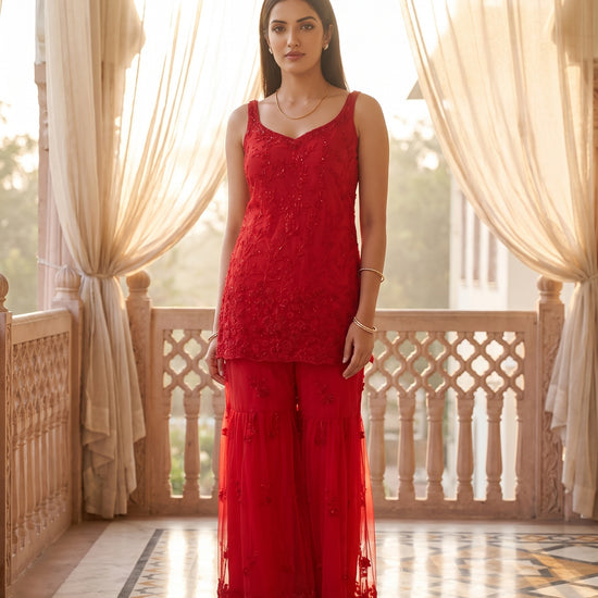 Scarlet Romance Red Net Readymade Sharara Set With Net Dupatta - mood