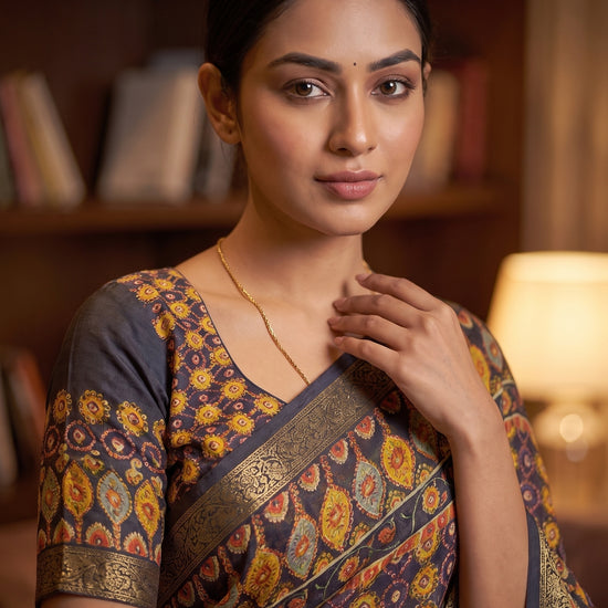 Navy Blue Georgette Printed Saree - Close Up
