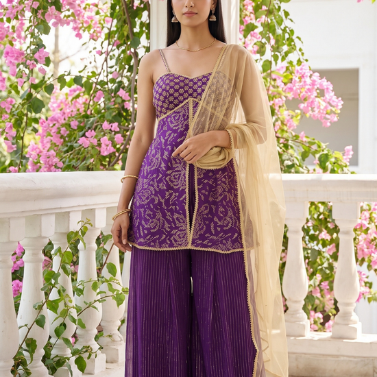 Royal Orchid Purple Georgette Readymade Strappy Suit And Palazzo With Net Dupatta - mood