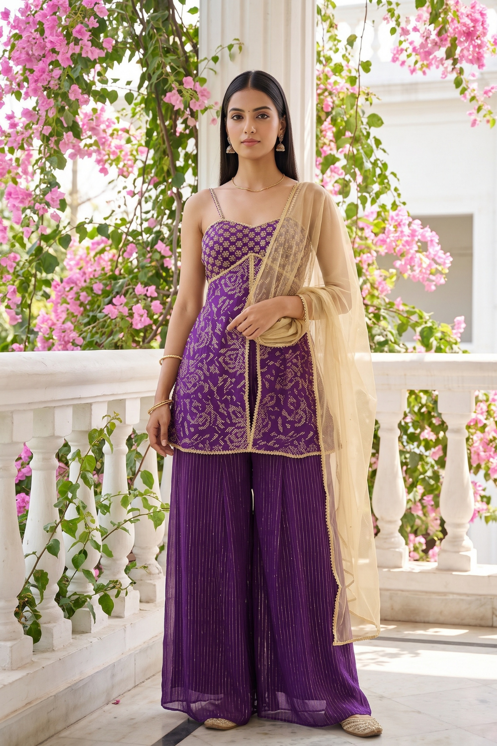 Royal Orchid Purple Georgette Readymade Strappy Suit And Palazzo With Net Dupatta - mood