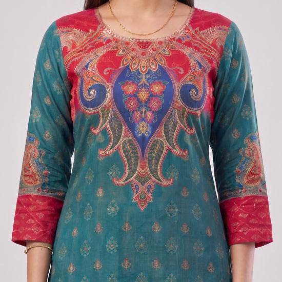 Peacock Paisley Rama Crepe Readymade Suit And Salwar With Red Dupatta - closeup
