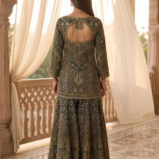 Mehndi Raag Green Crepe Readymade Heavy Embroidered Sharara Set With Dupatta - back