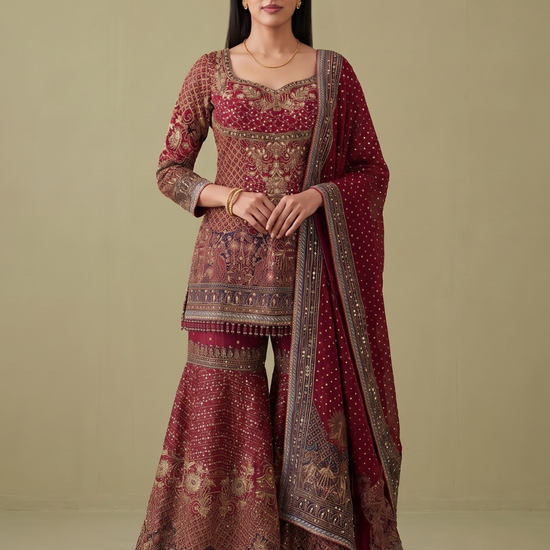 Rani Mahal Maroon Crepe Readymade Heavy Embroidered Sharara Set With Dupatta - hero