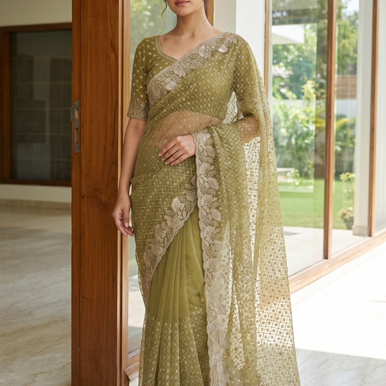 Mehndi Net Saree - Hero