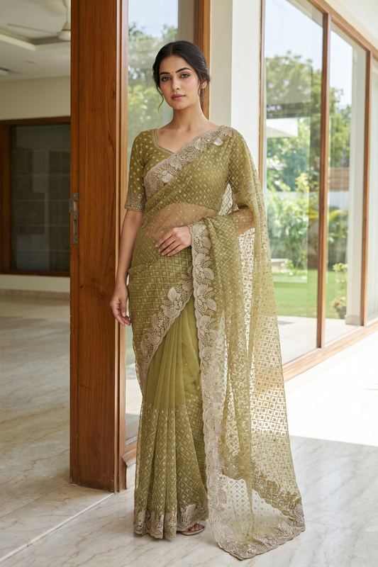 Mehndi Net Saree - Hero