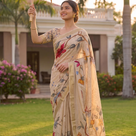 Tusser Chinon Floral Printed Saree - Mood